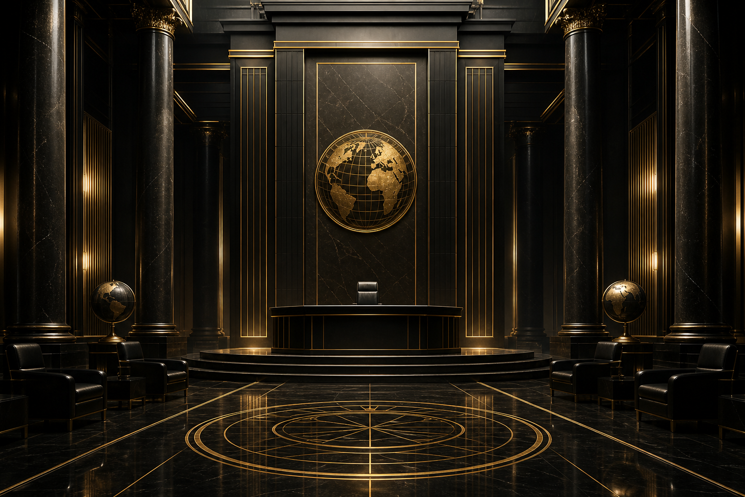 Monumental noir ceremonial hall with polished black stone surfaces, warm gold architectural linework, and a central international business stage lit with soft dramatic contrast