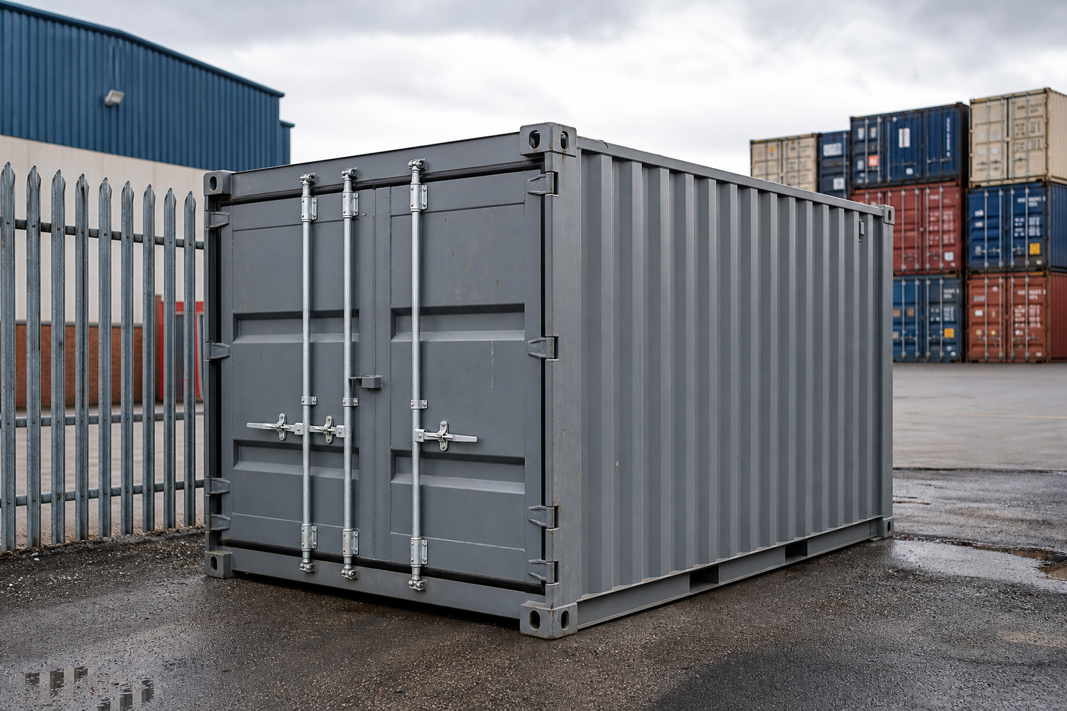 15ft steel container positioned beside a logistics yard fence