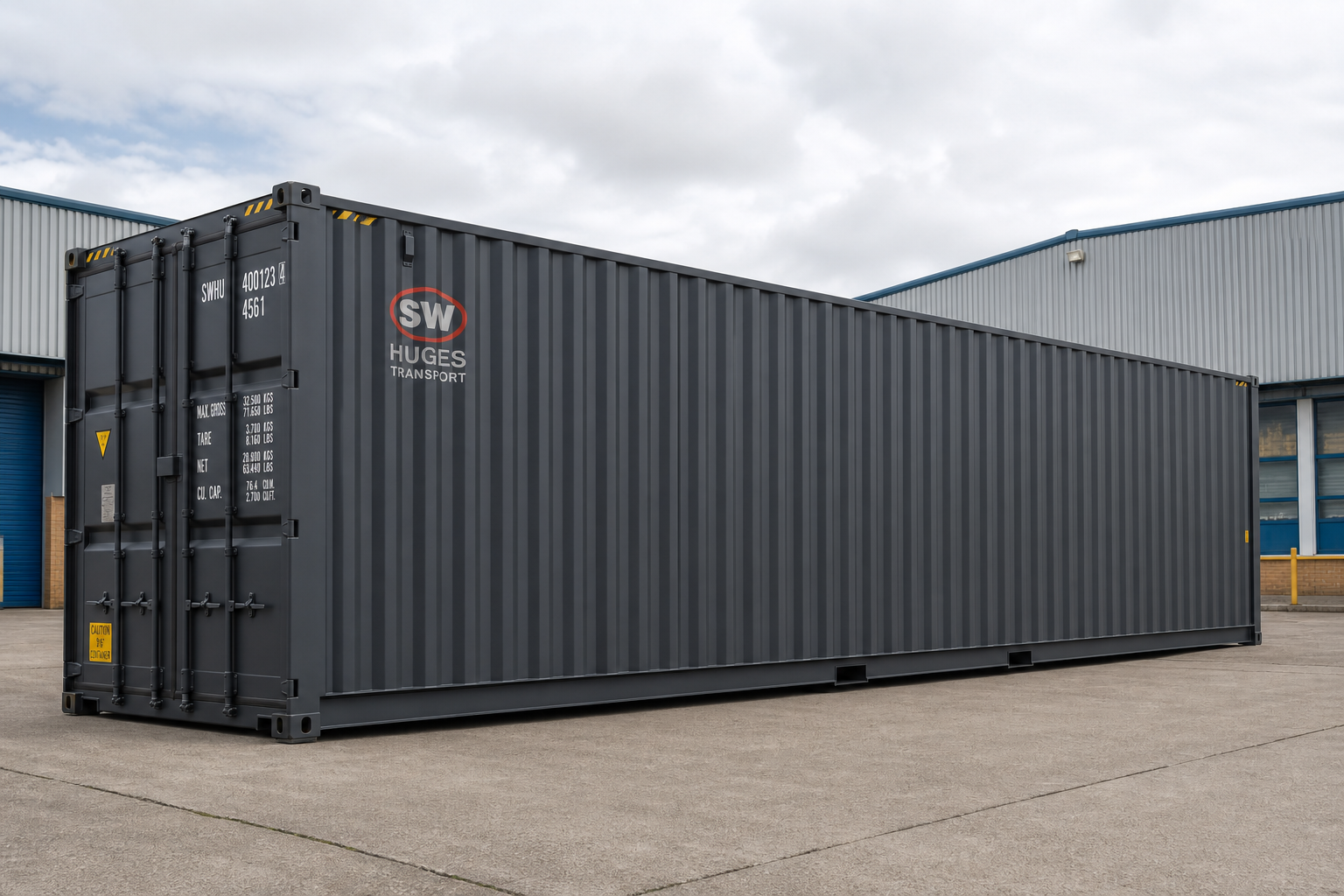 Long 40ft shipping container on a concrete loading pad