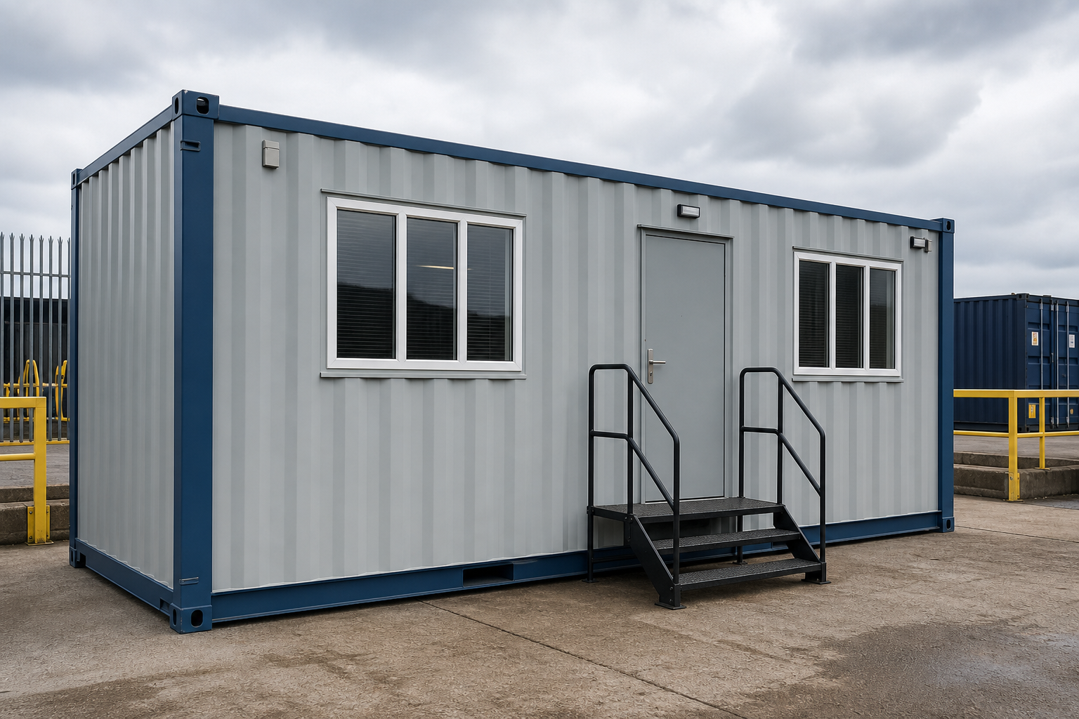 Converted container office with windows and entry door