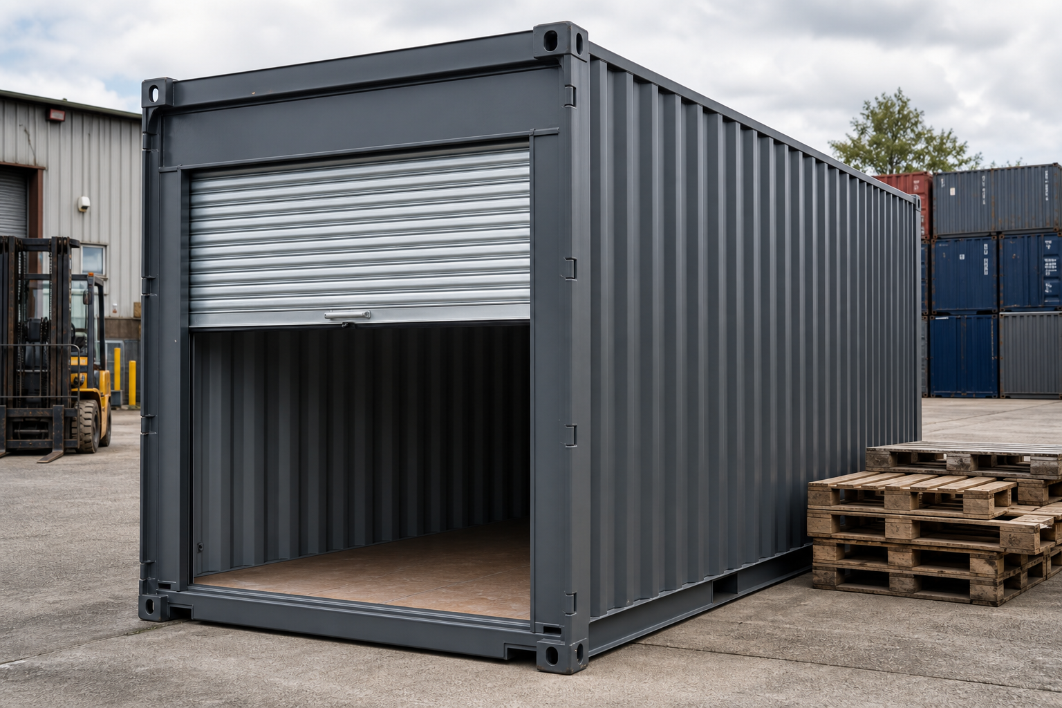 Grey container fitted with a roller shutter door in a depot