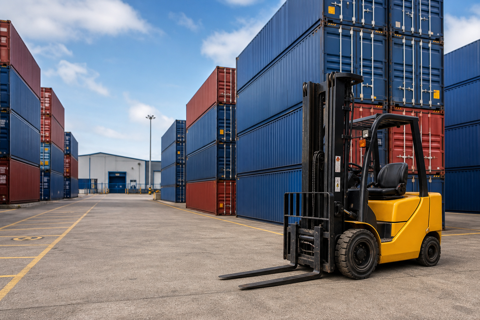 Stacked blue and red shipping containers in a UK logistics yard with a small forklift nearby