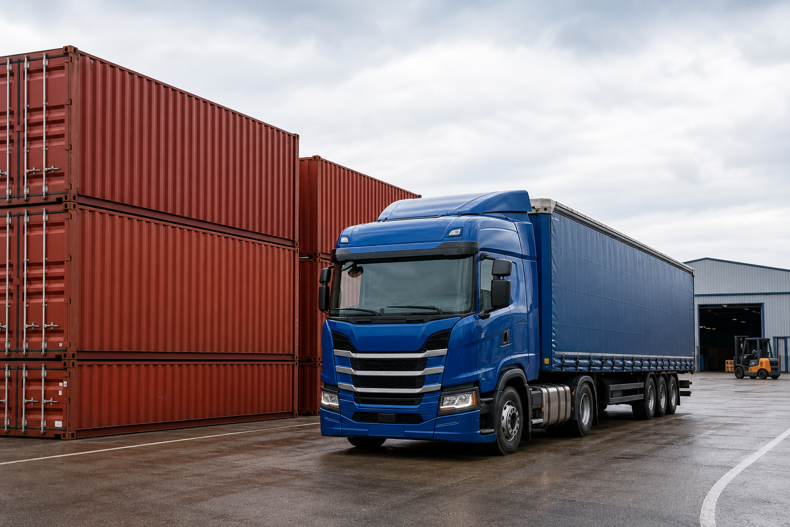 Modern UK logistics depot with a blue lorry and stacked red shipping containers