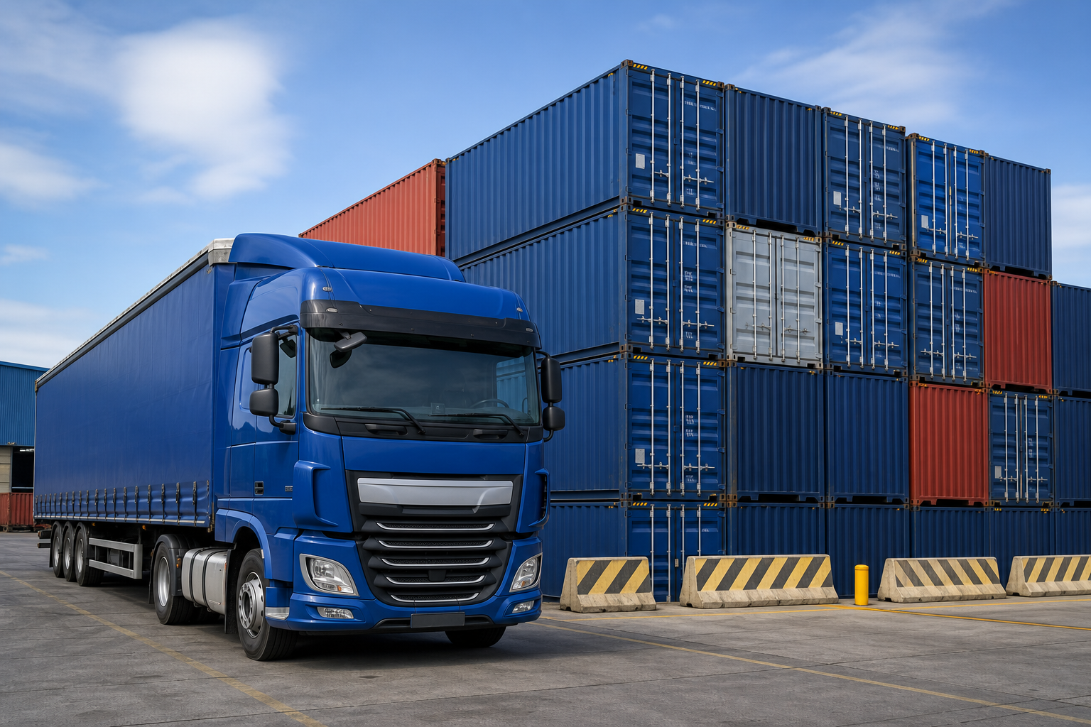 Modern UK logistics hub with a blue articulated lorry and stacked steel shipping containers under a clear sky