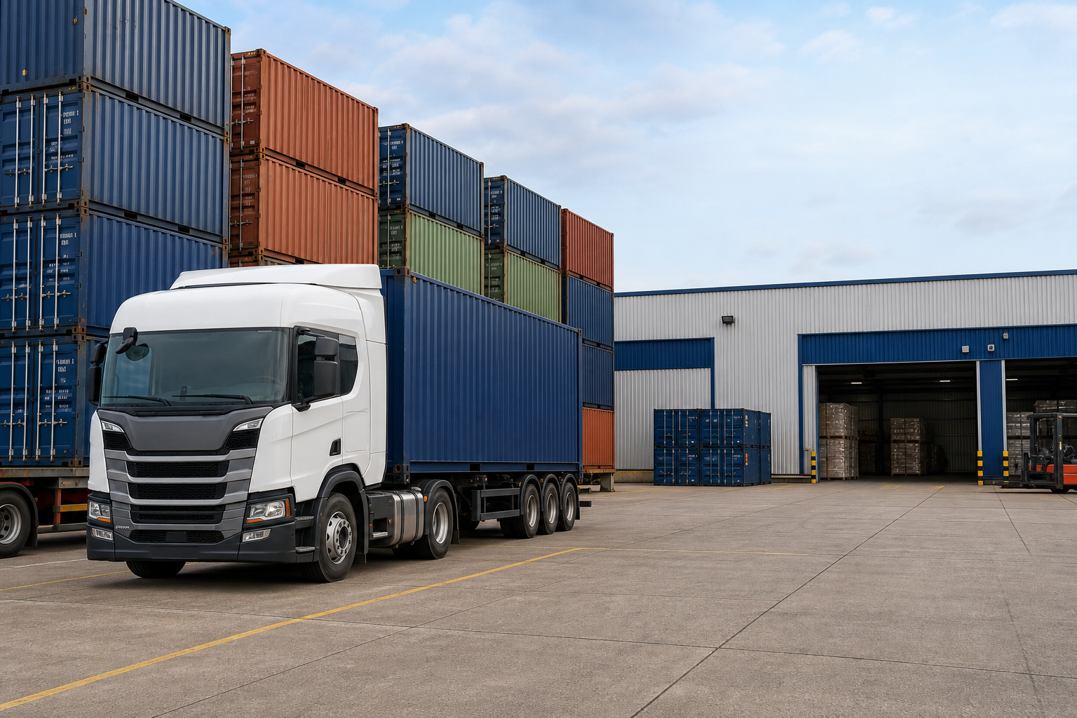 Logistics yard in the United Kingdom with stacked shipping containers and a freight lorry