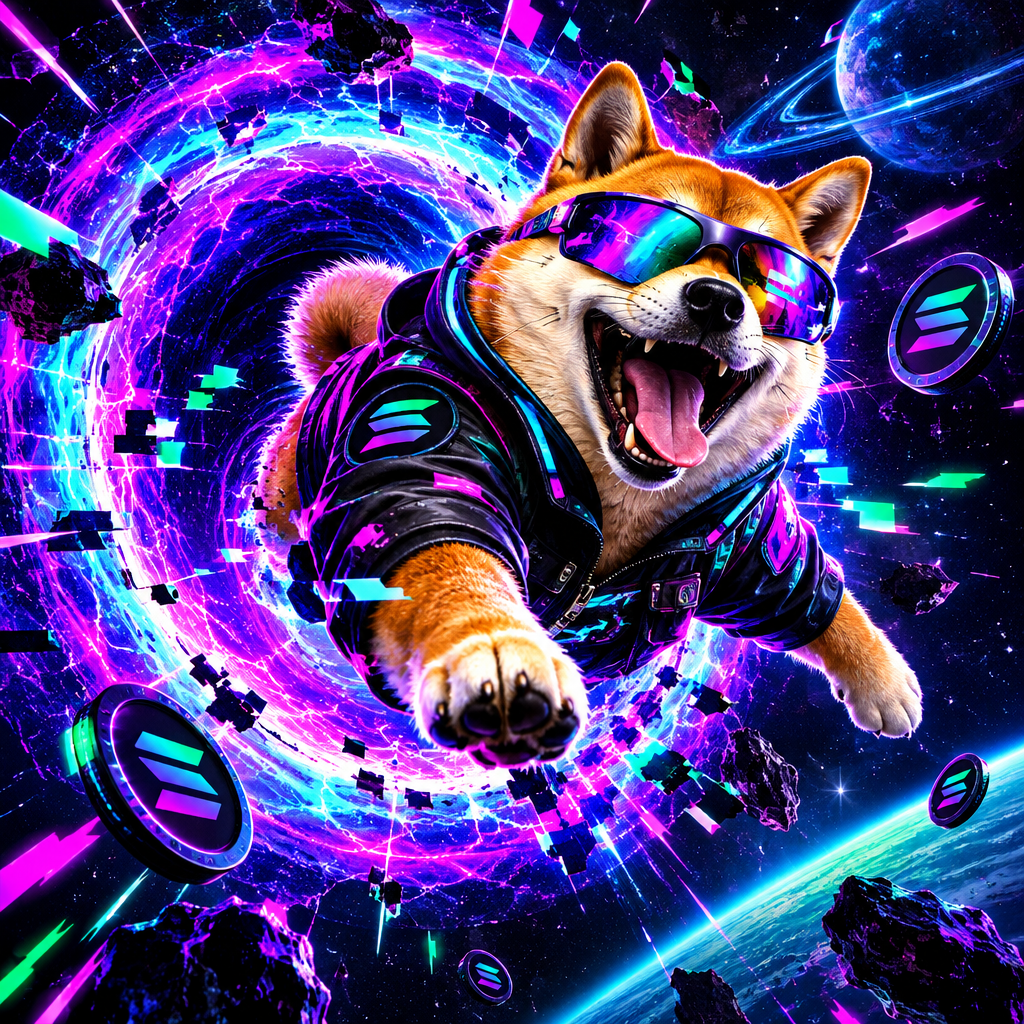 Chaotic Shiba Inu meme character in a retro-futurist suit bursting out of a neon wormhole with Solana-themed cosmic glitches