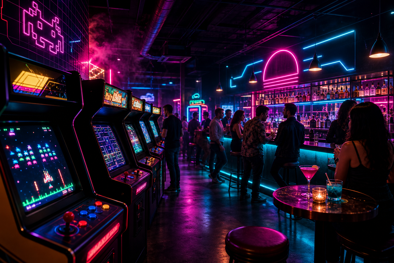 Neon-lit retro arcade bar interior with glowing game cabinets, moody cocktail bar lighting, and a lively social nightlife atmosphere