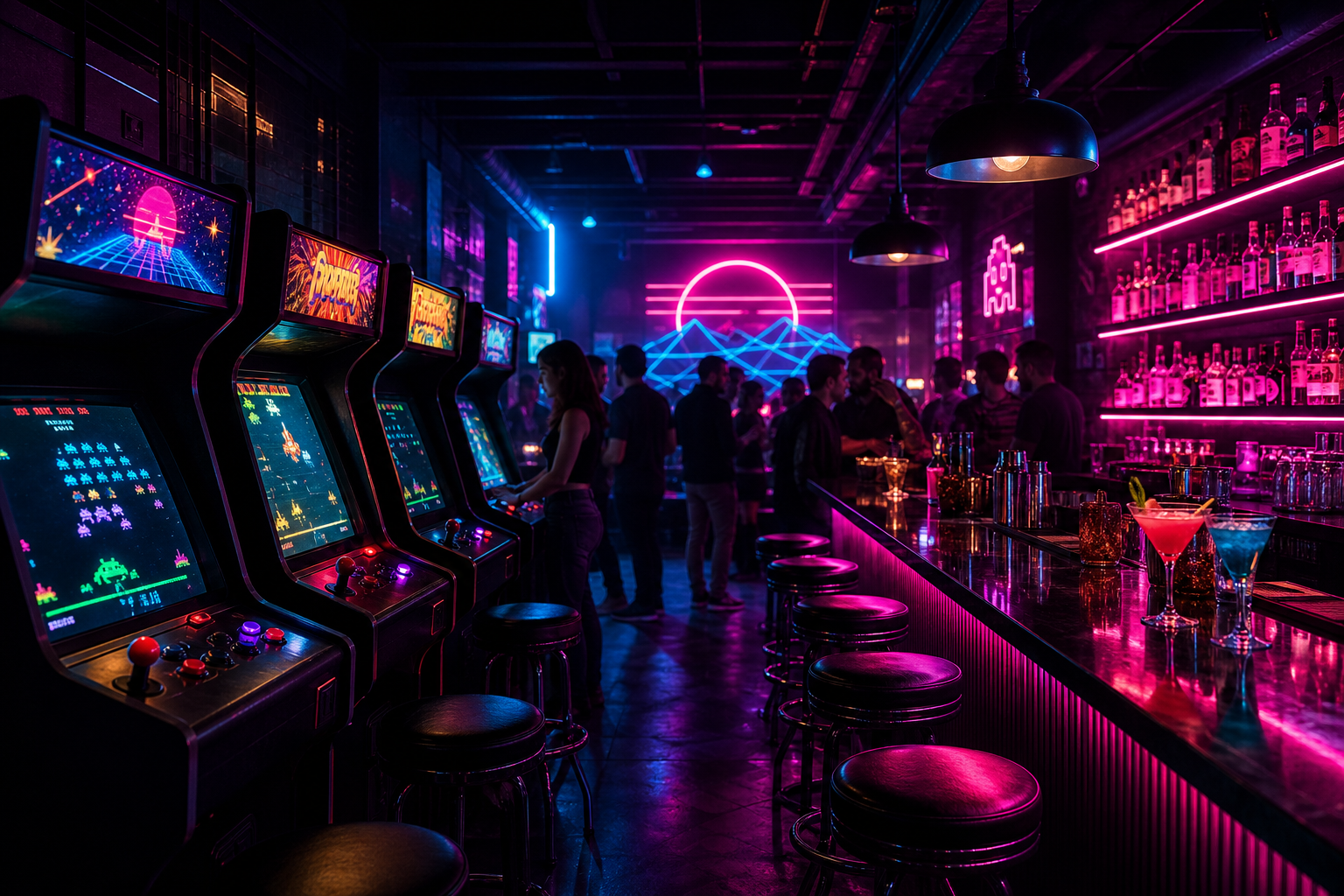Moody neon arcade-bar interior with vintage cabinets, glowing signage, cocktail bar lighting, and a lively late-night crowd