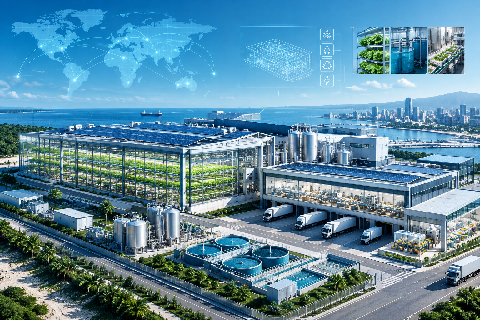 Concept visual of a large modular food-production campus with vertical growing zones, integrated processing, logistics bays, and global deployment pathways in a blue technical-corporate style