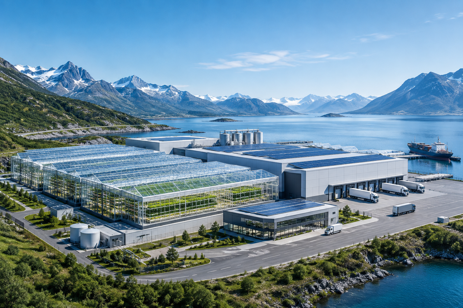 Panoramic modular food-production campus with greenhouse blocks, processing halls, logistics lanes, and water-edge infrastructure under a clear blue sky