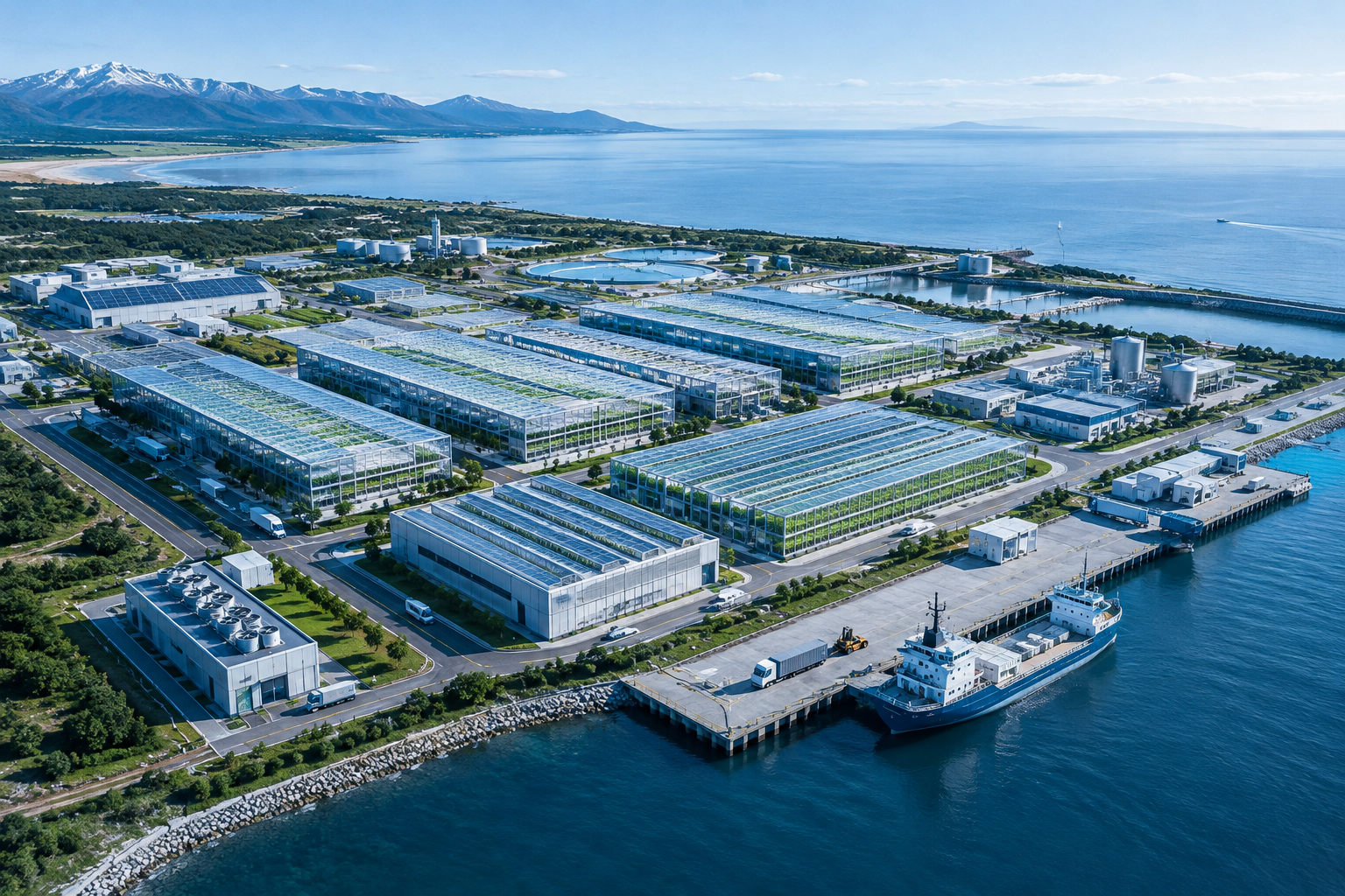 Aerial perspective of a large modular agri-industrial complex near coastline with geometric production blocks, logistics lanes, and integrated energy infrastructure