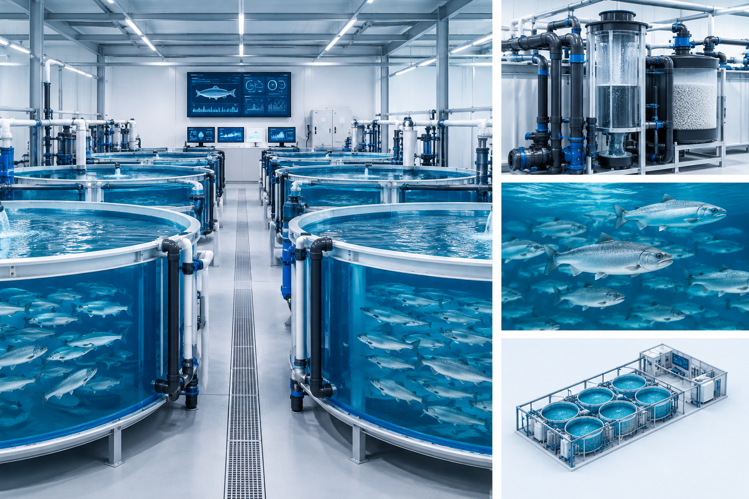 Recirculating aquaculture tanks with clear water and monitored fish stock