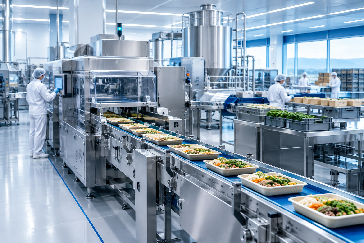Industrial food-processing line with stainless equipment and packaged outputs