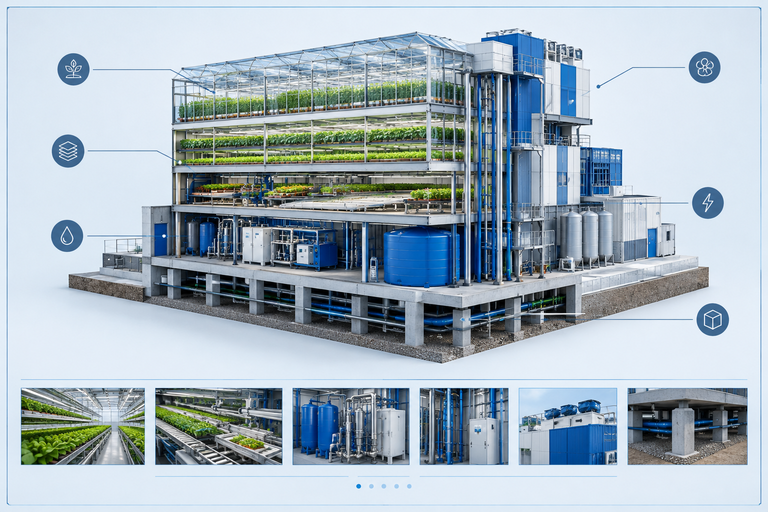 Technical-style diagram of a modular above-ground food production facility showing a framed industrial complex with layered production zones, utility pipes, and foundation supports adaptable to water, sand, permafrost, and standard concrete bases