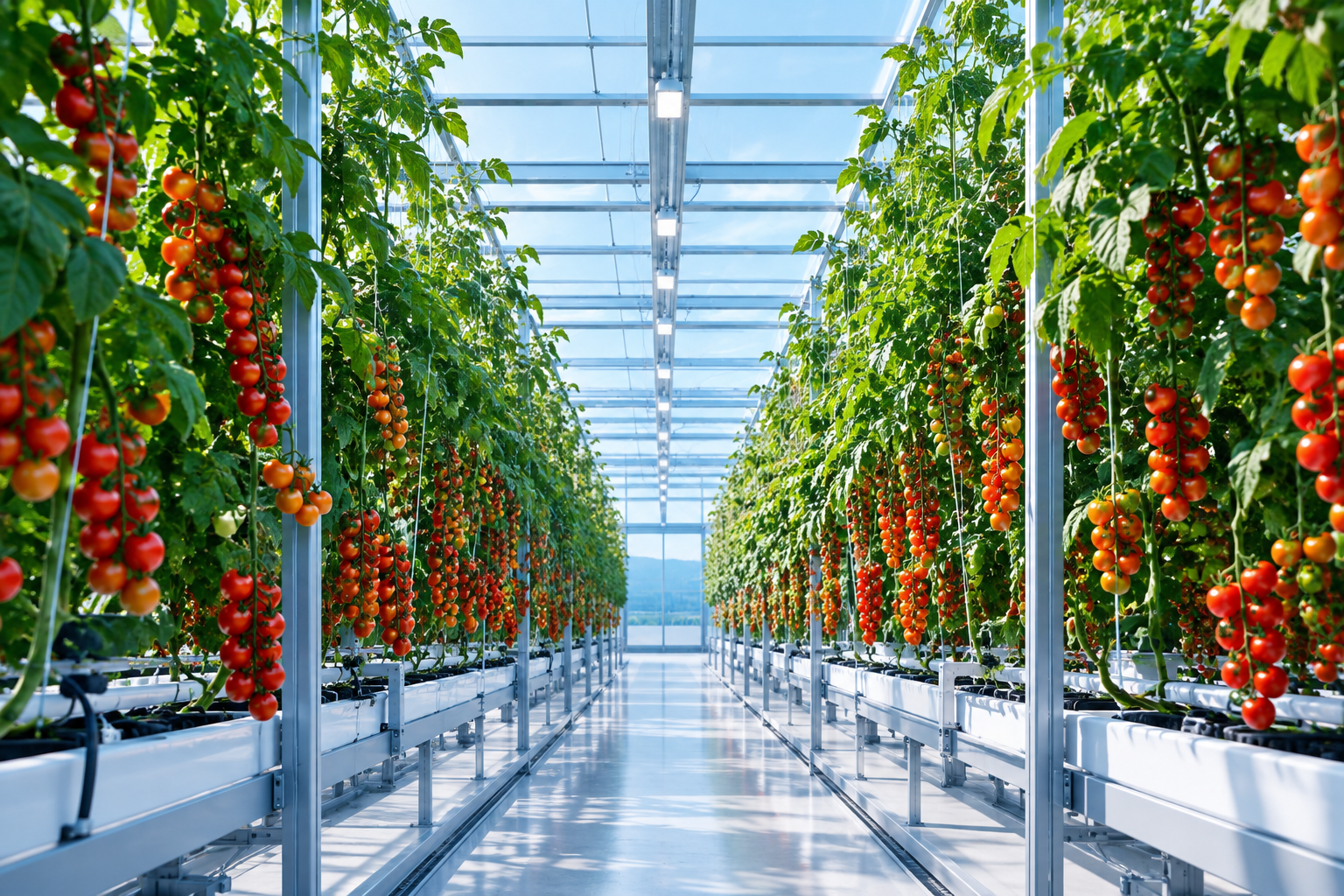 Compact greenhouse corridor with vine fruit clusters ready for harvest