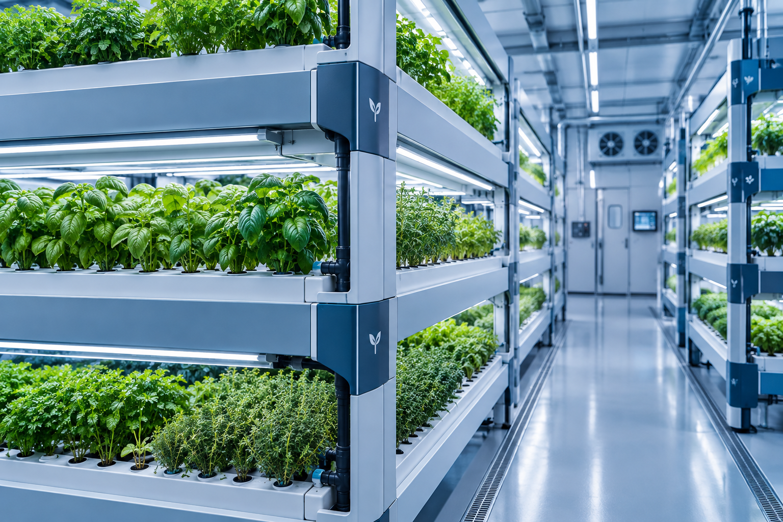 Modular indoor racks growing herbs and specialty greens under precision lighting