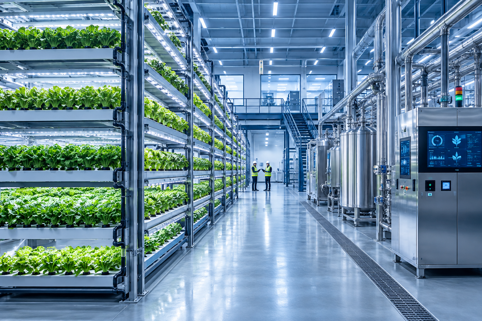 Wide view of a clean modular food-production interior with stacked hydroponic bays, stainless process lines, and technical monitoring stations