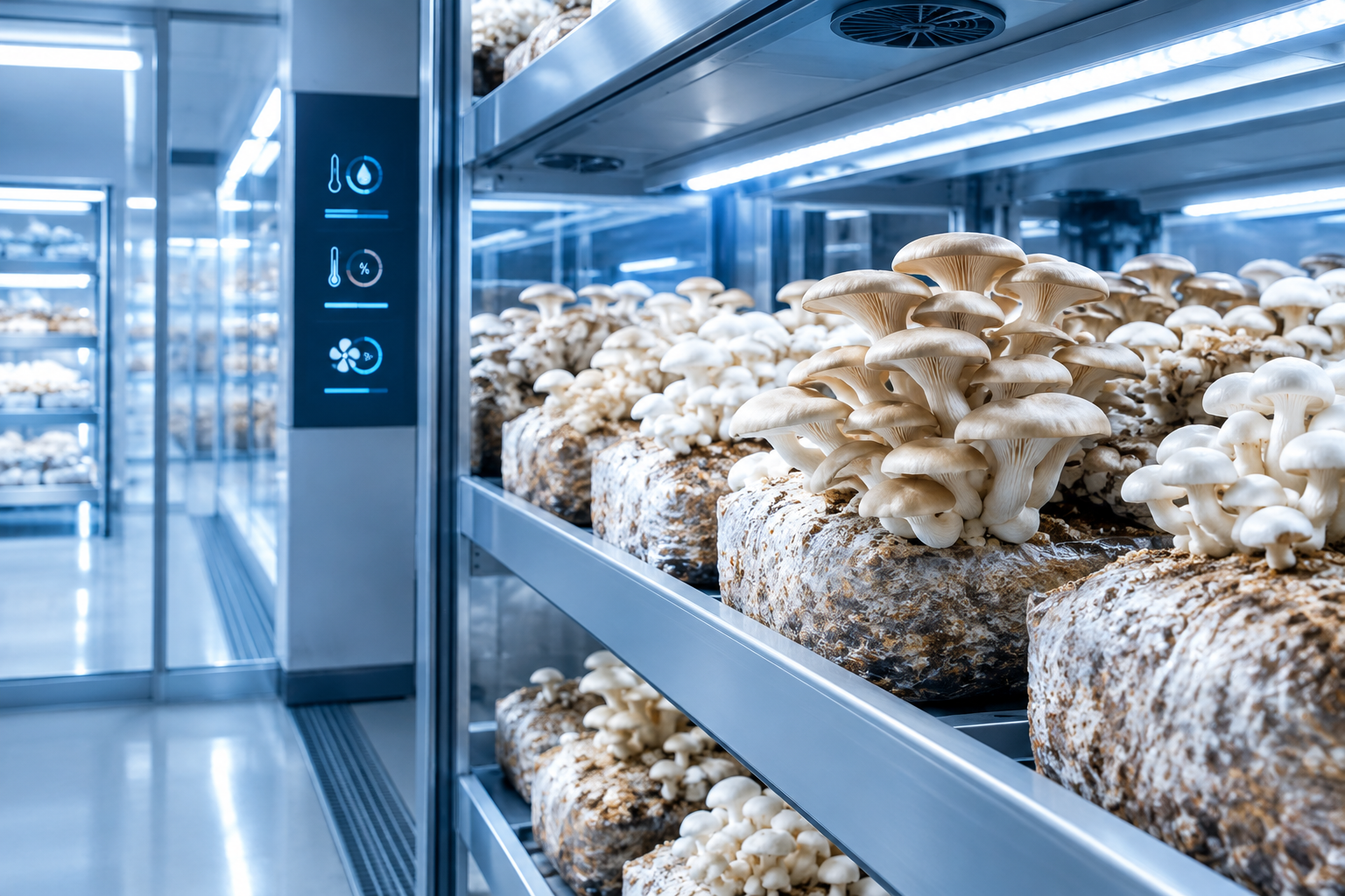 Close-up mushroom cultivation trays in a climate-controlled production chamber