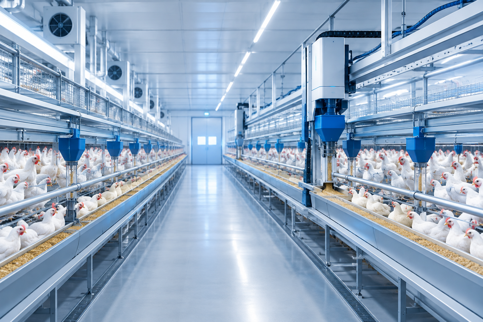 Modern poultry production lane with clean automated feeding and climate controls