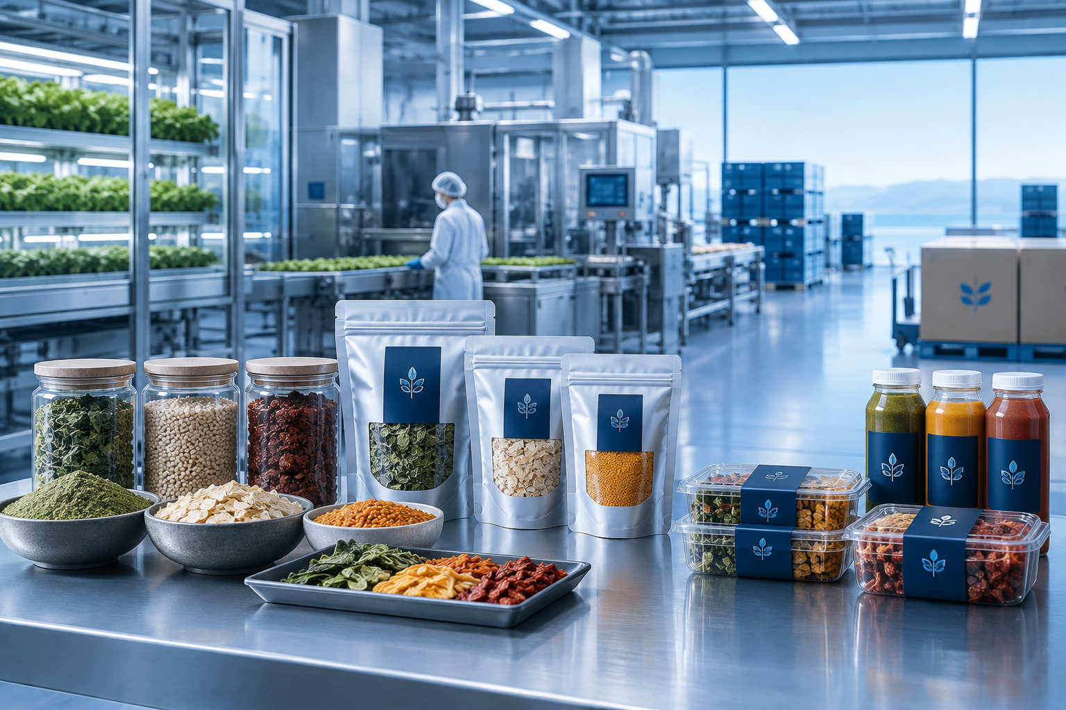 Assorted value-added foods including dried goods and processed ingredients in a clean production setting
