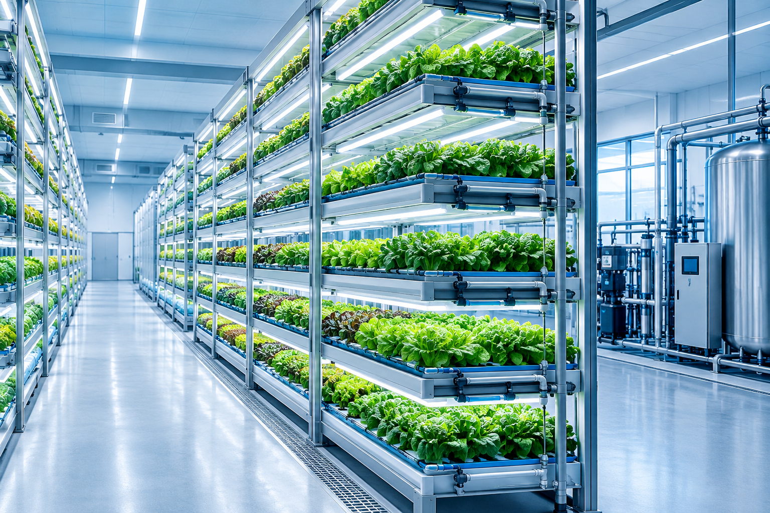Dense rows of leafy vegetables in a high-efficiency vertical cultivation hall