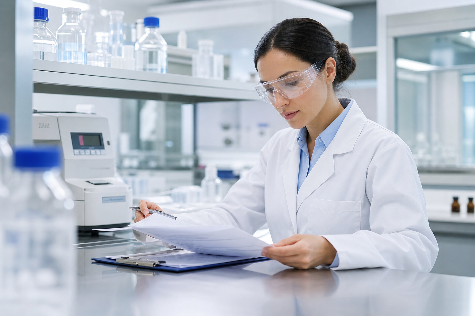 Clinical professional in a modern pharmaceutical laboratory reviewing documentation