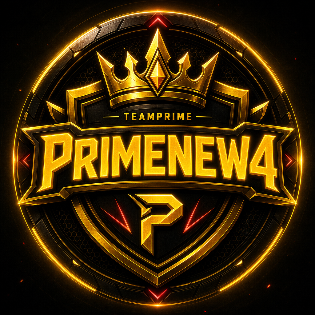 Neon gold and amber circular crest emblem with crown and shield styling for TeamPrime