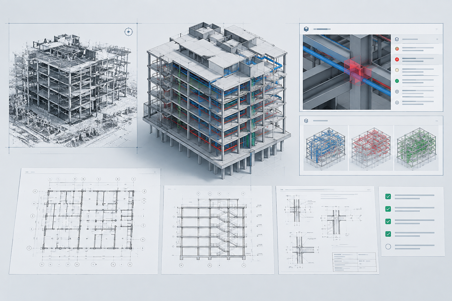 Technical visualization of coordinated structural and BIM model review boards with drawing overlays