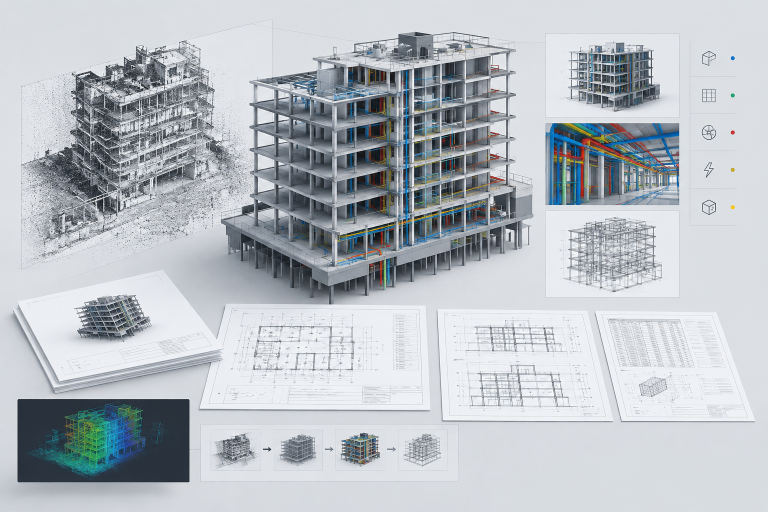 Clean technical scene showing coordinated model snapshots and documentation sheets