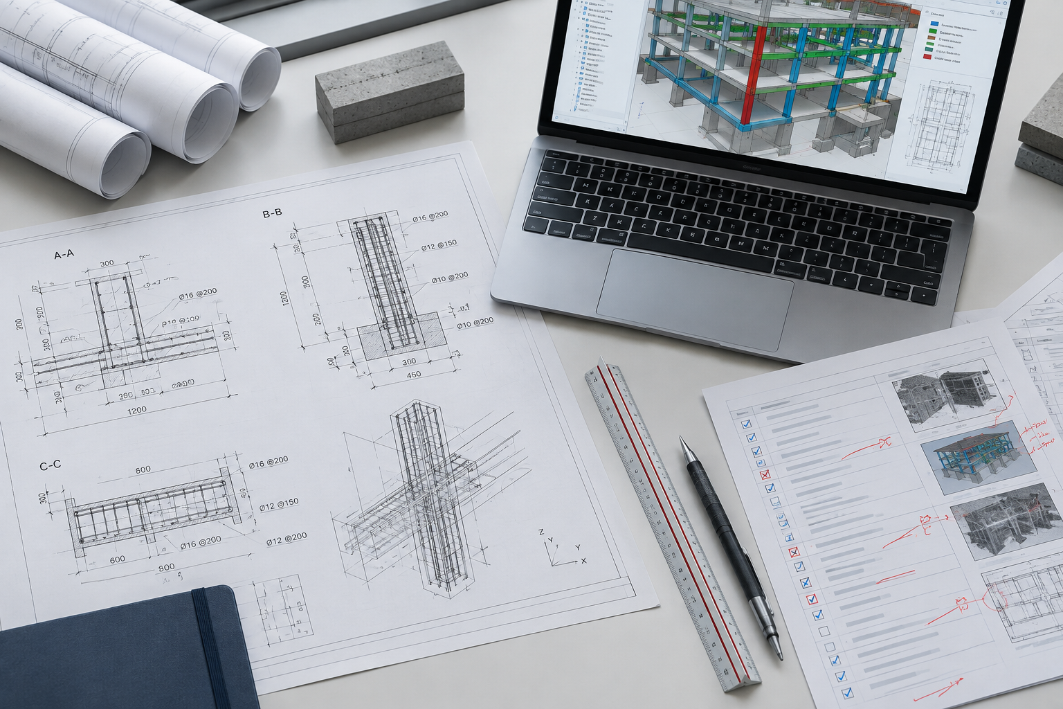 Detailed structural drawing sheets, BIM coordination model fragments, and marked technical documentation laid out on an engineering workspace