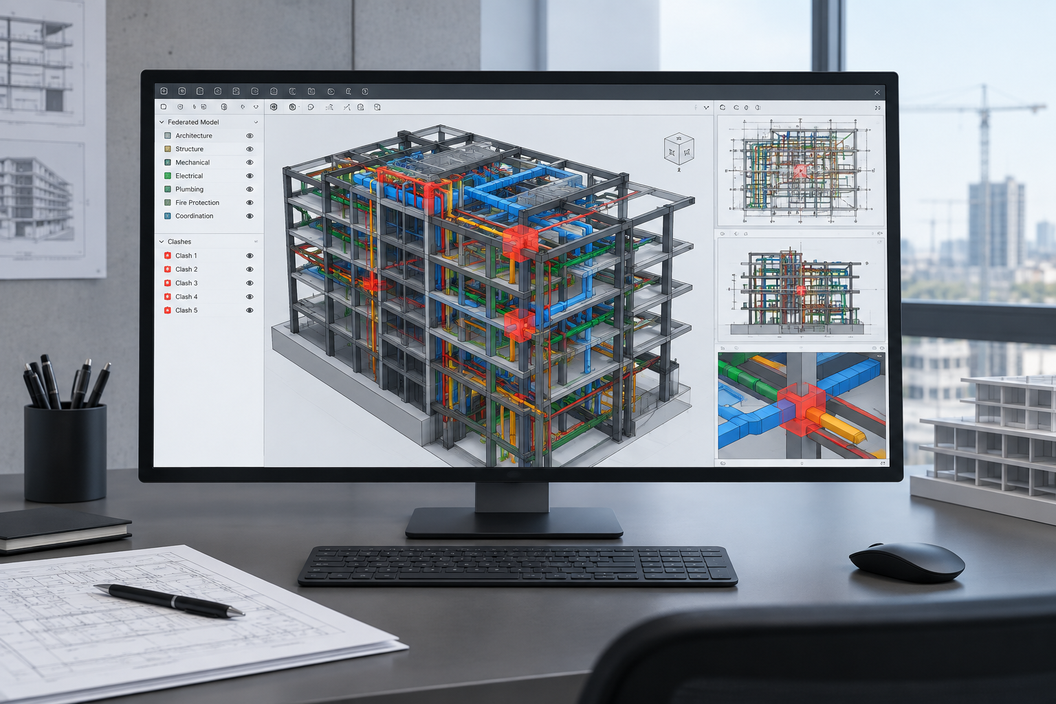 Federated BIM coordination model with color coded systems and clash checkpoints in a technical workspace