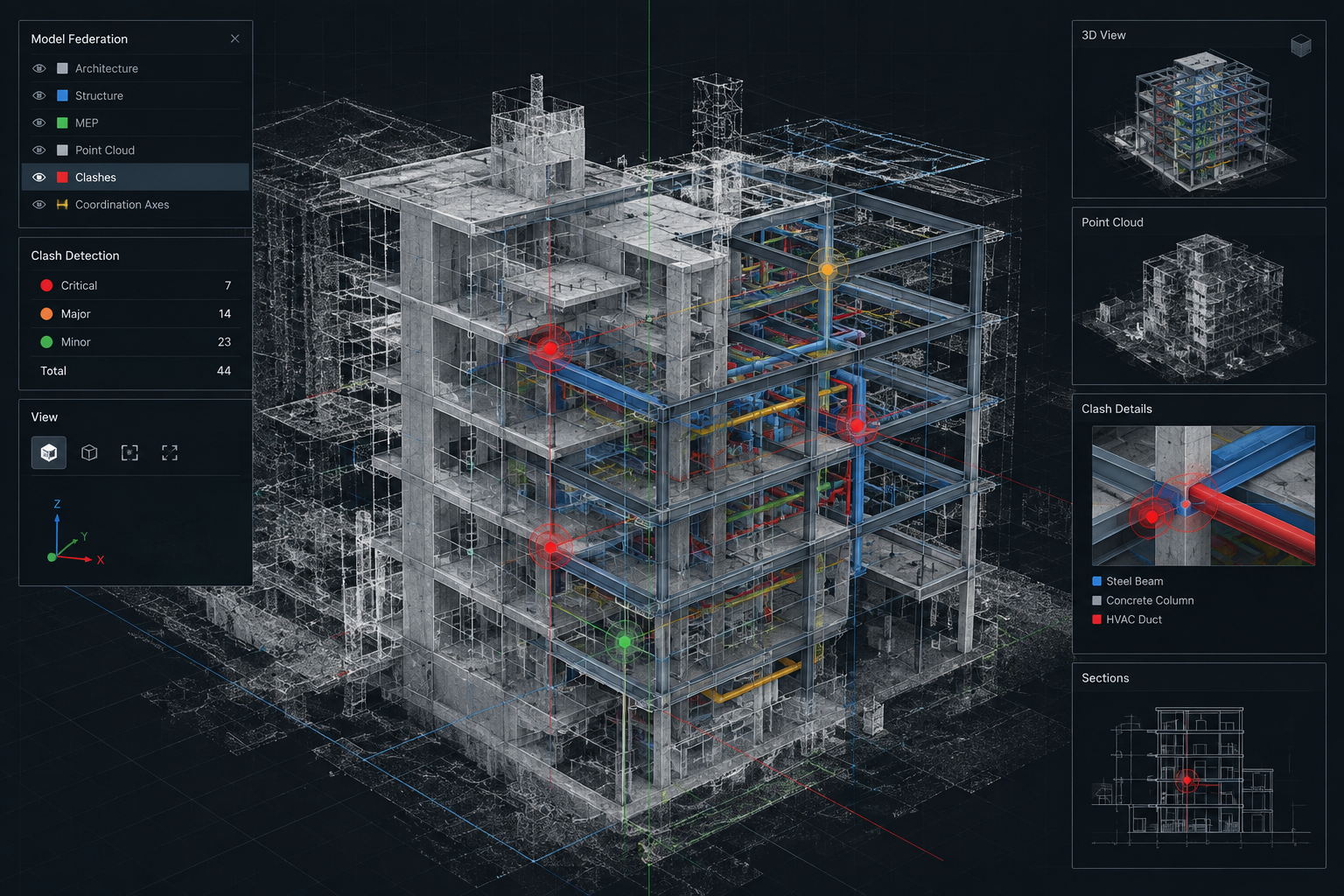 Layered BIM model with point cloud and coordination overlays