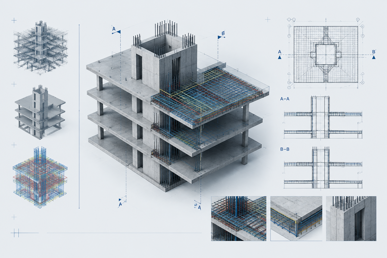 Concrete core and slab reinforcement model next to drawing callouts and section tags