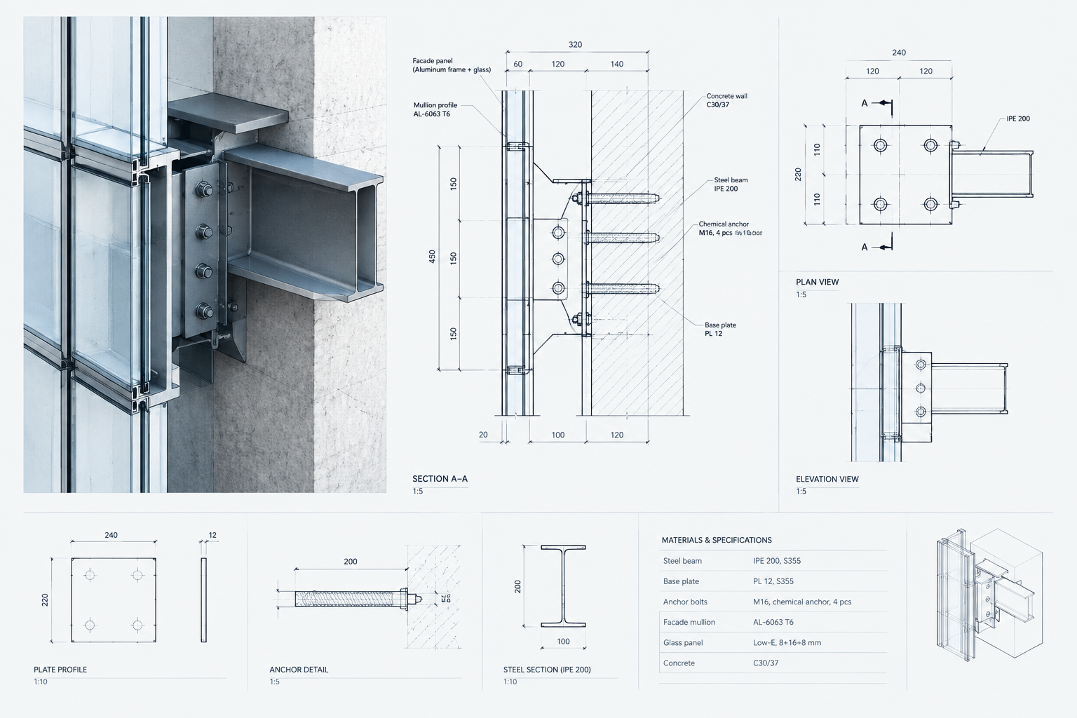 Facade-to-structure connection detail drawing with dimensional chains and material notes