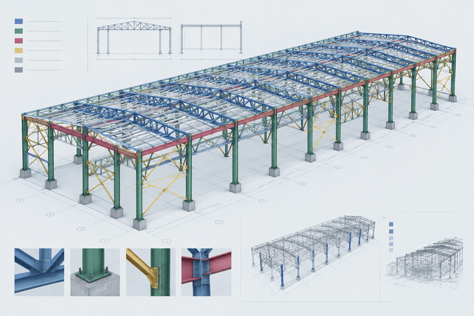 Large industrial steel frame BIM model with coordinated truss geometry and member classification