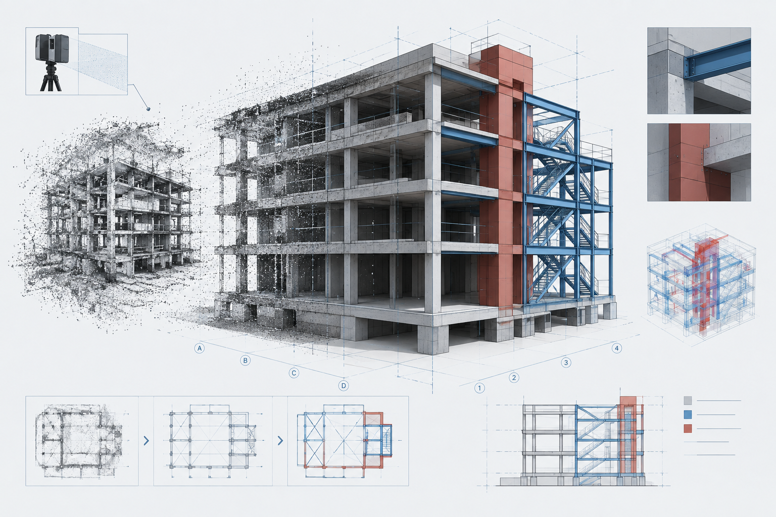Scan-to-BIM retrofit model with existing concrete frame and newly coordinated intervention elements