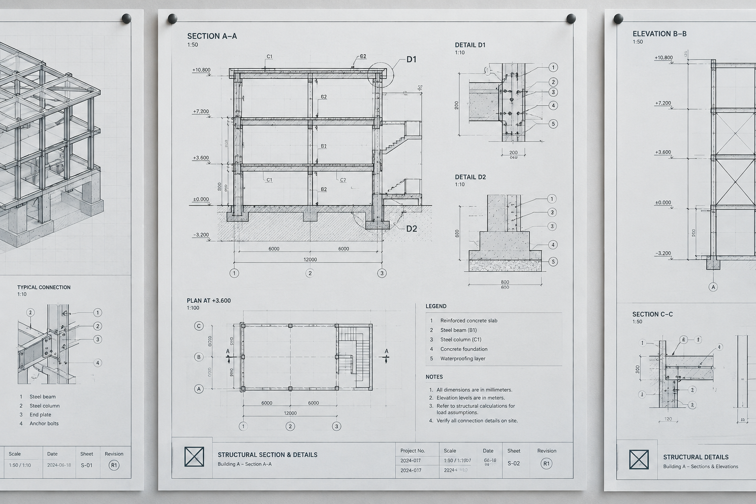Technical drawing package with clear annotations and revision tags