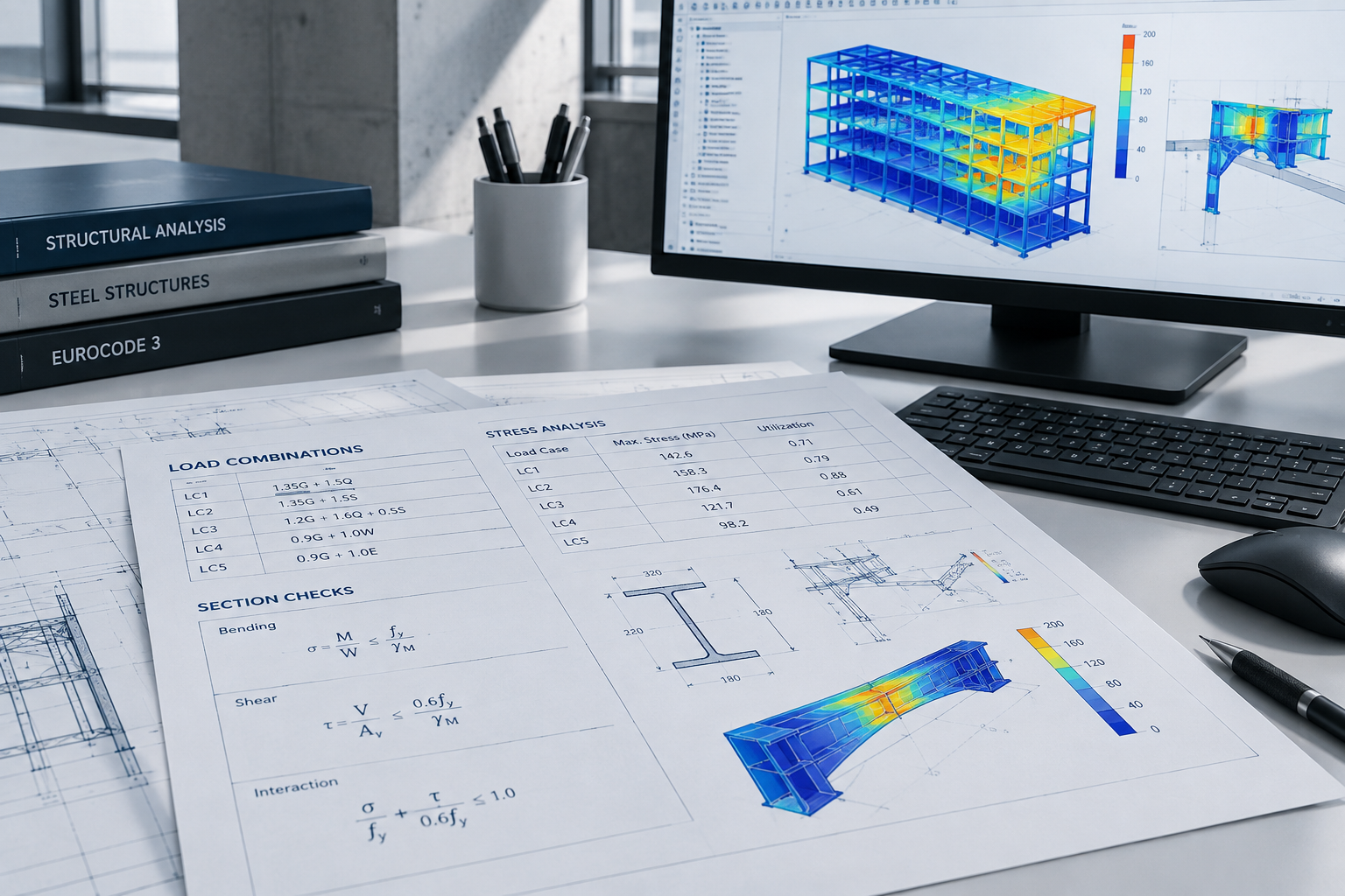 Engineering calculation sheets with structural analysis diagrams and highlighted load path annotations