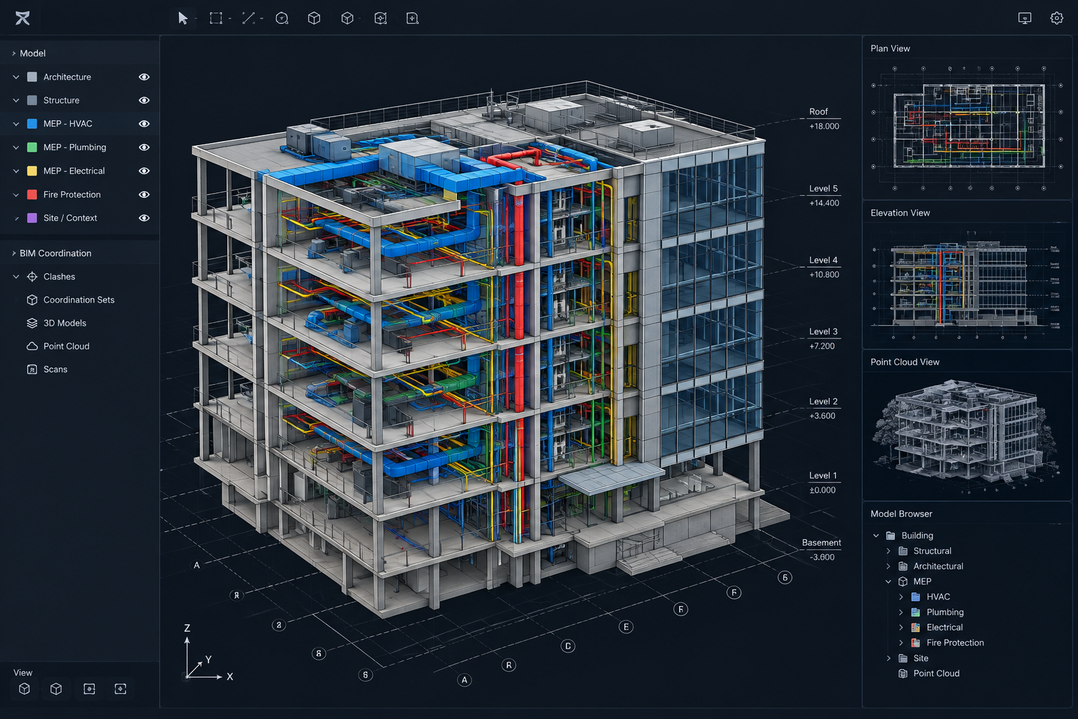 Federated BIM coordination model view with structural, MEP, and architectural layers in a dark technical interface