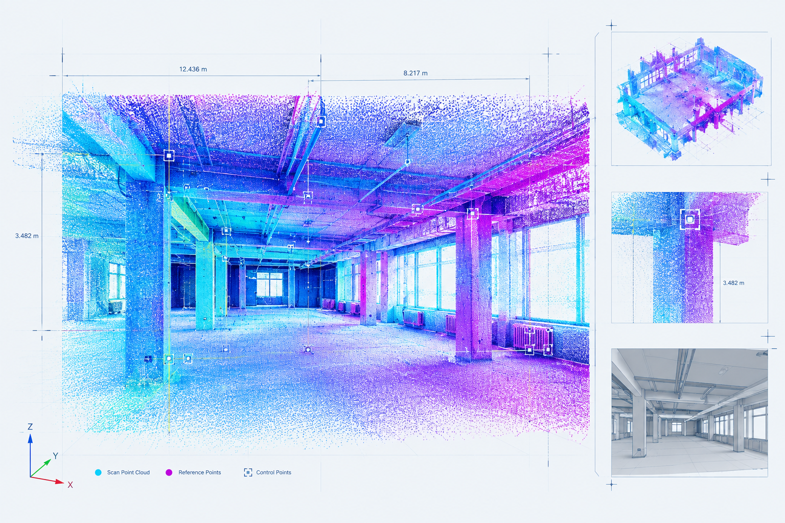 Dense blue and magenta point-cloud interior scan overlaid with reference axes and measured control lines