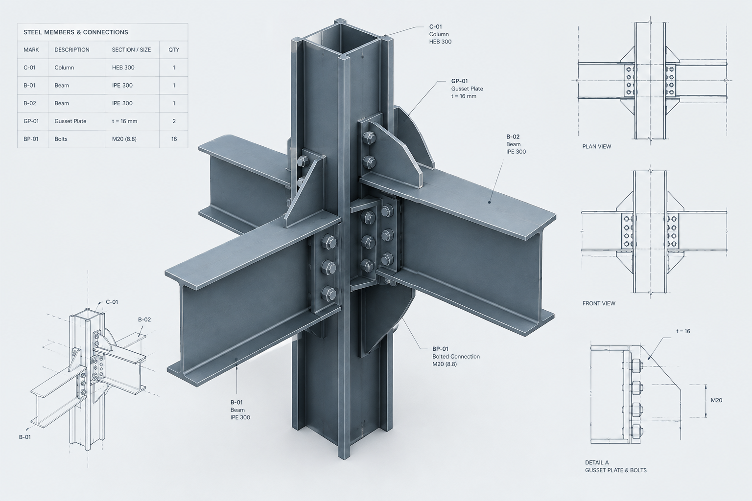 Structural steel connection detail model showing gusset plates, bolts, and member tags in an engineering viewport