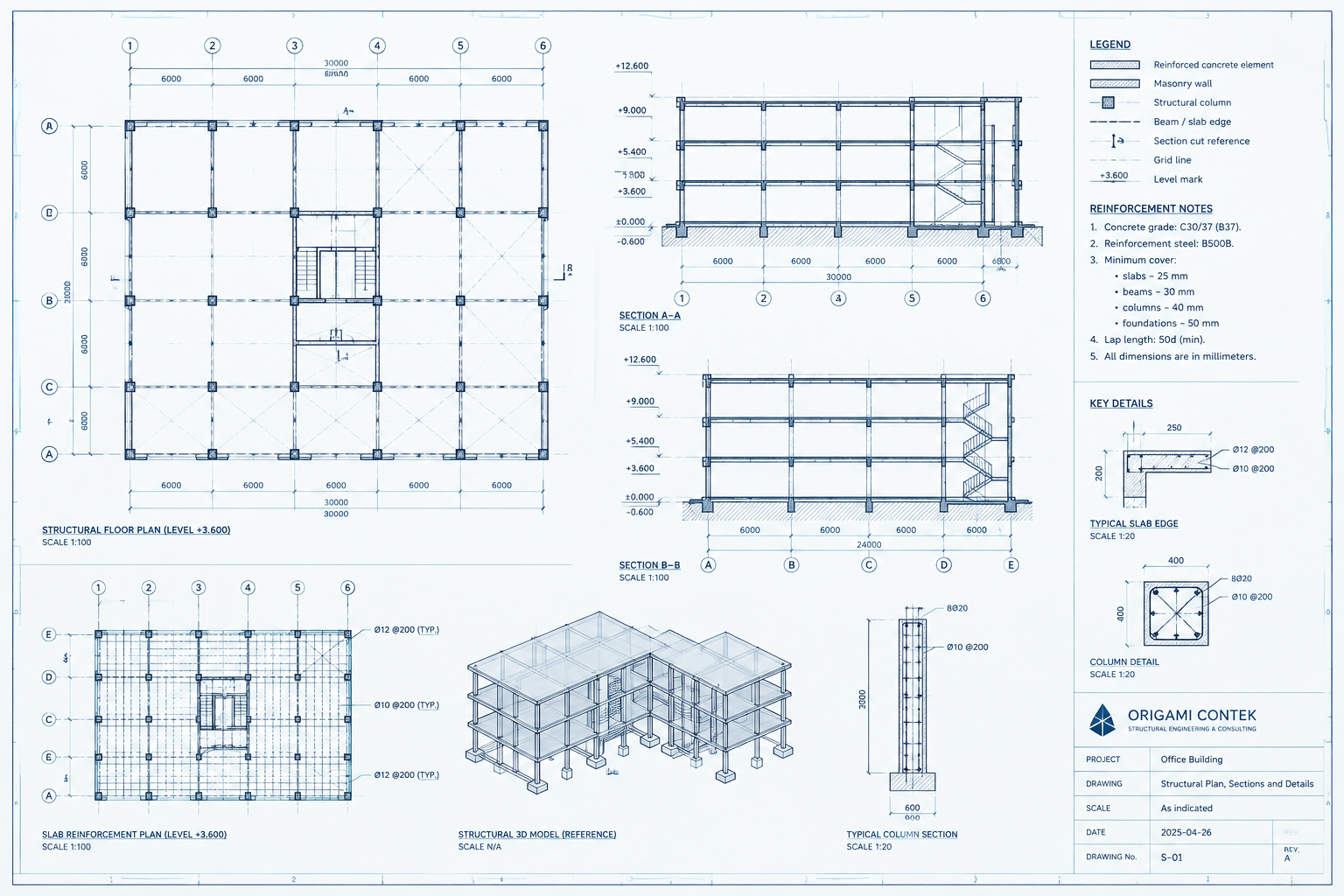 Clean structural drawing sheet with grid references, section cuts, reinforcement notes, and title block