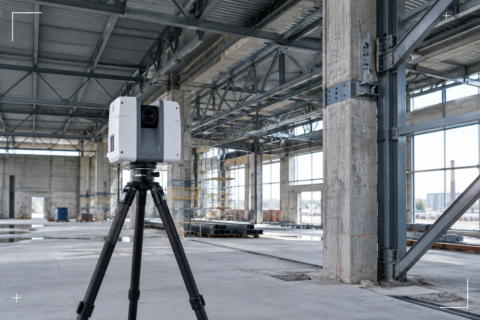 On-site laser scanning operation with tripod scanner capturing an industrial structural environment