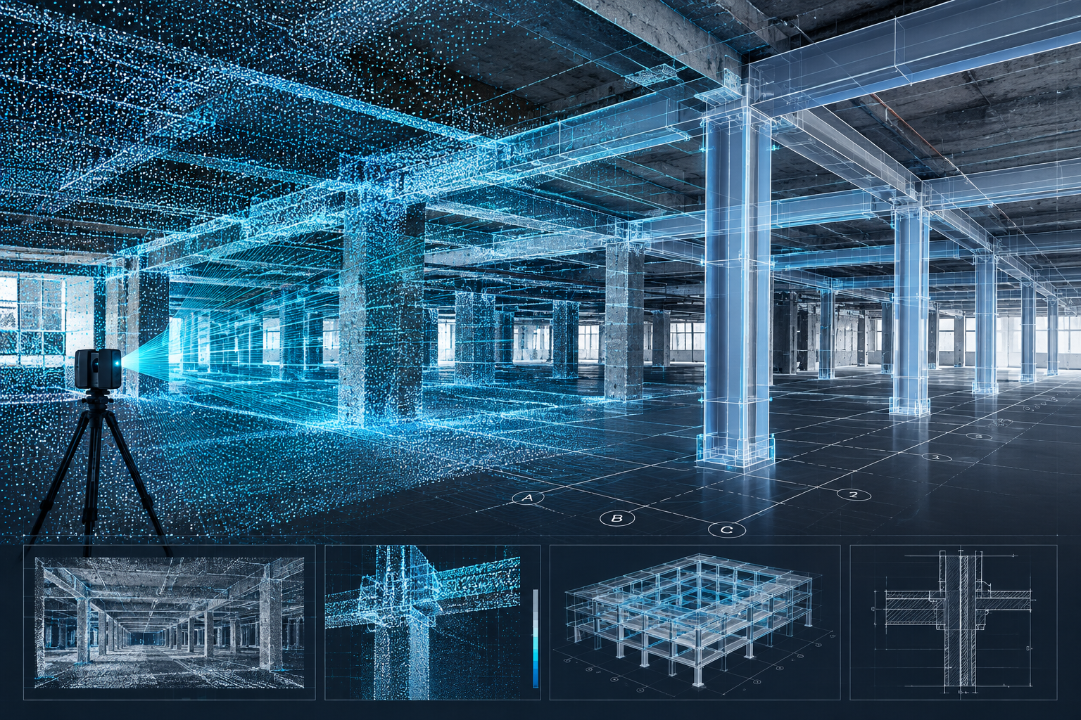 Layered technical visual combining point-cloud capture dots, laser scan lines, and BIM structural model overlays