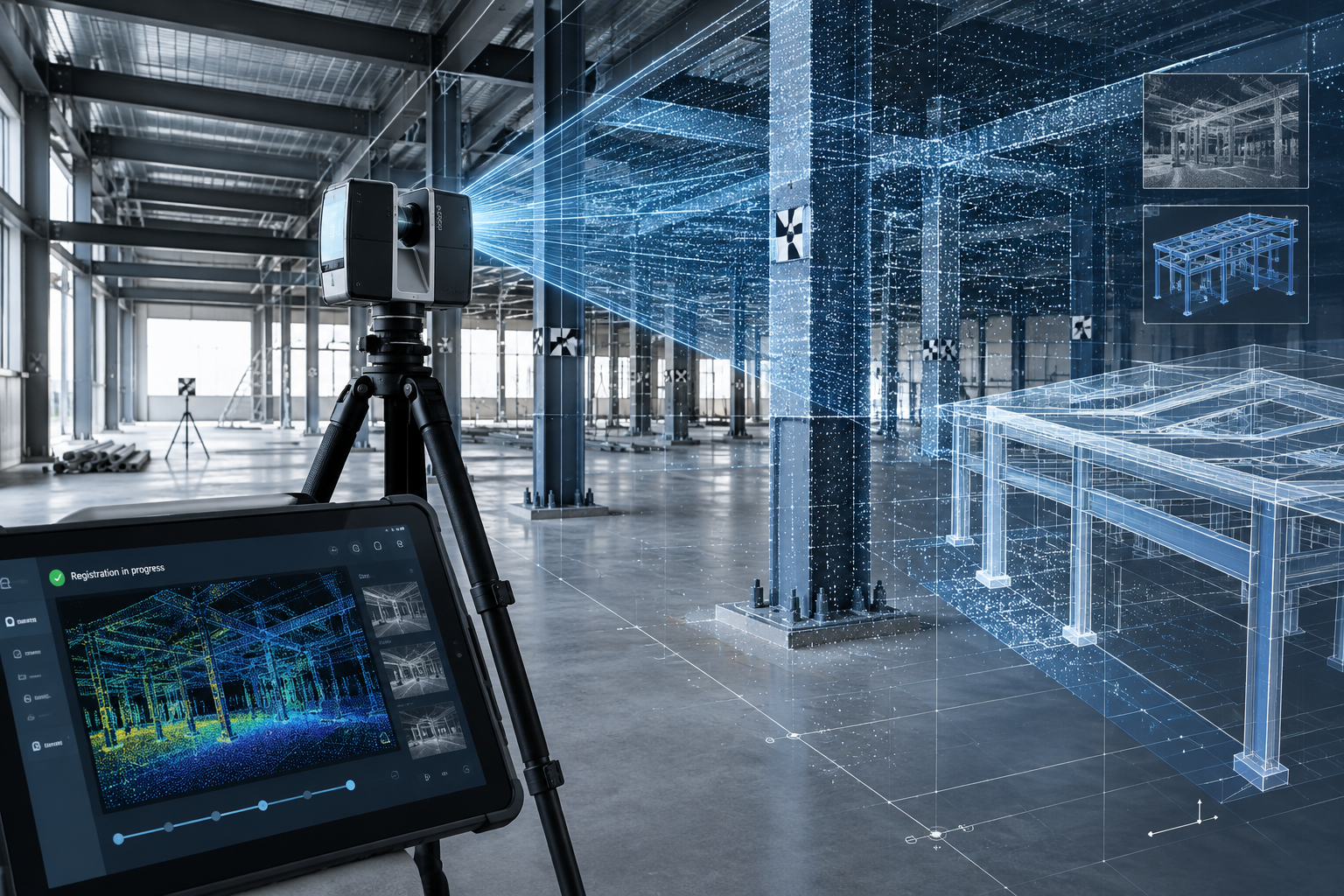 Laser scanning station setup with tripod scanner capturing structural geometry for point-cloud registration
