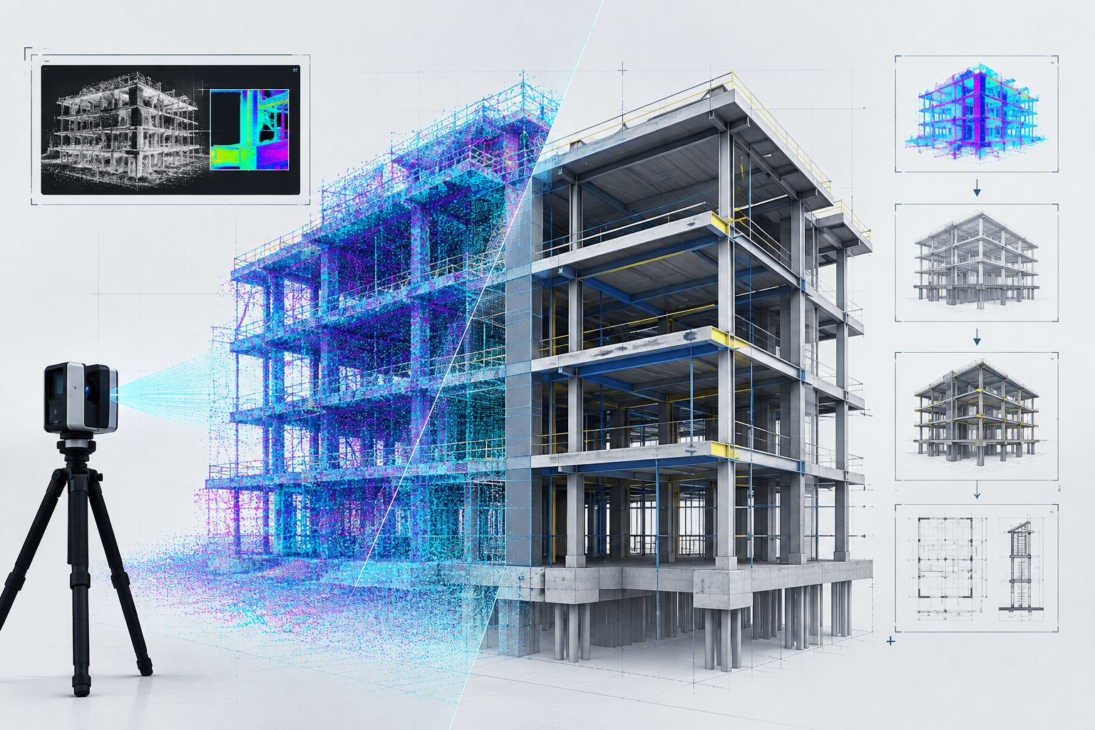 Scan-to-BIM workflow visual combining point cloud capture data and reconstructed structural model layers