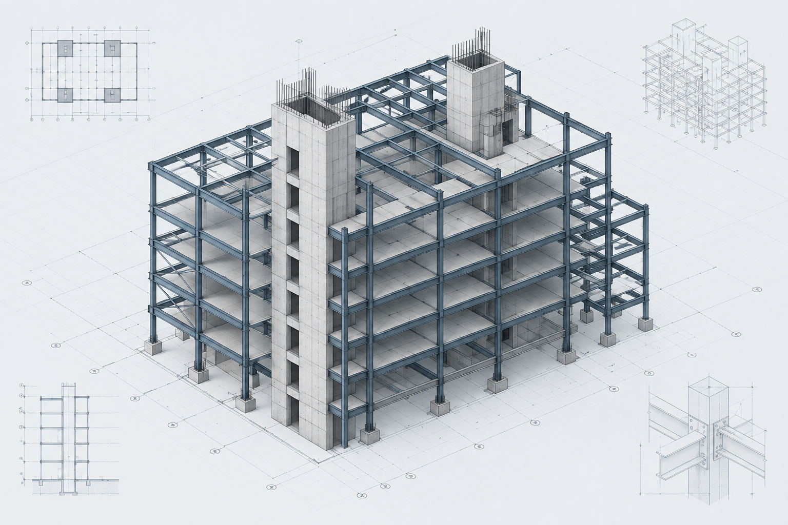 Technical 3D structural framing concept showing steel and concrete members with grid lines