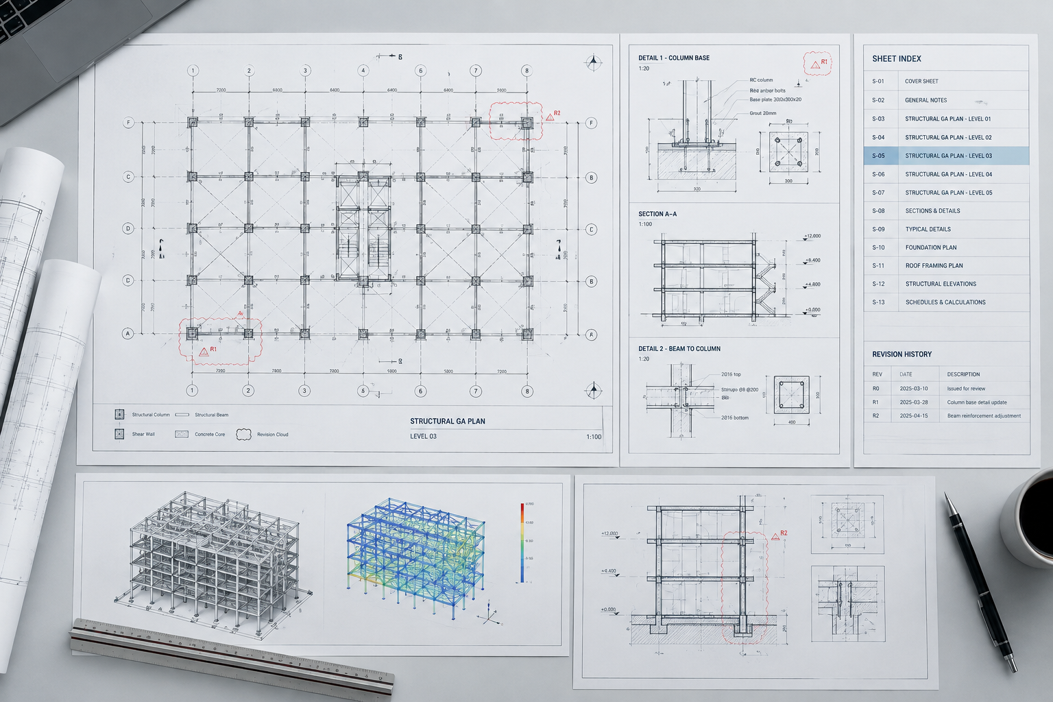 Structured technical documentation set with coordinated structural drawings, details, and revision notes