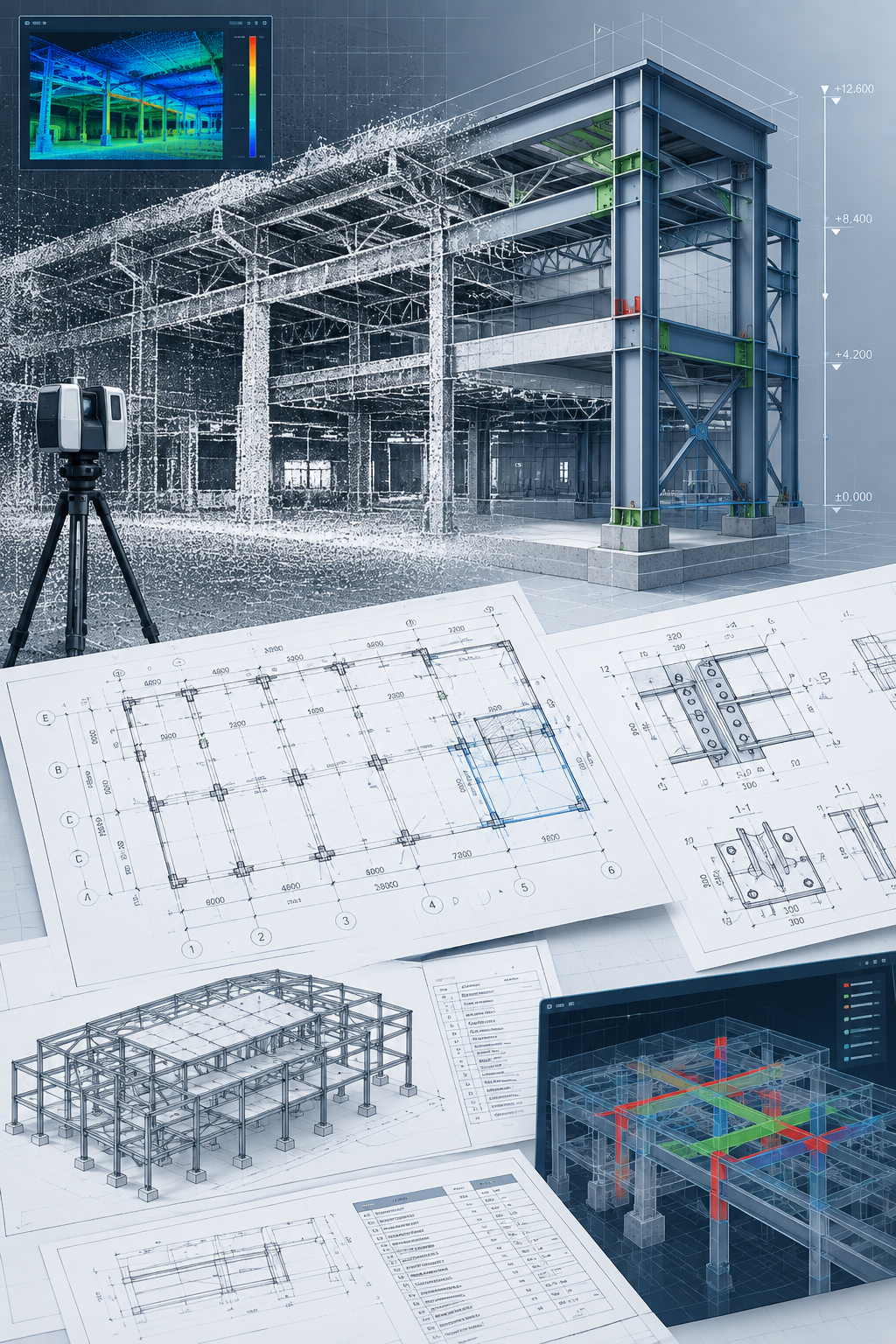 High-detail technical project scene with laser-scan point-cloud data, structural BIM model fragments, layered drawing sheets, and engineering coordination markups in a blueprint-style composition