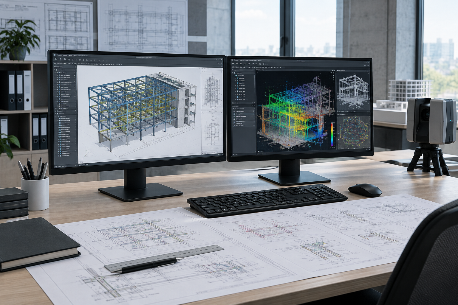 Structural engineering workstation showing a BIM model, point-cloud overlays, and technical drawing sheets